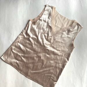 Minimalist Champagne Silk Satin Tank with Sheer V-Neckline